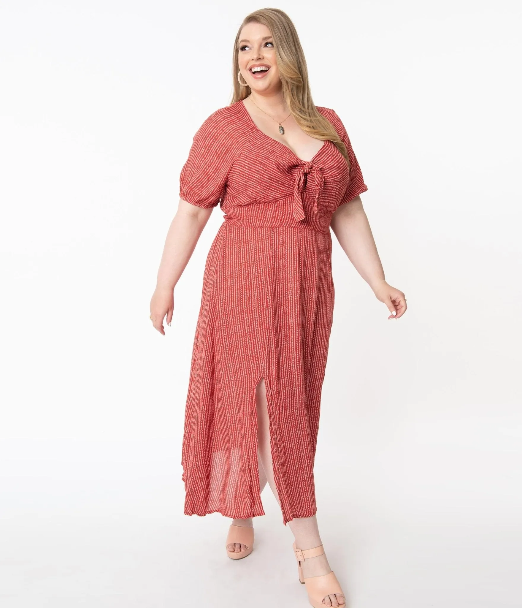 Plus Size 1970s Style Brick Red & Ivory Stripe Midi Dress sold by Unique Vintage product image thumbnail 5
