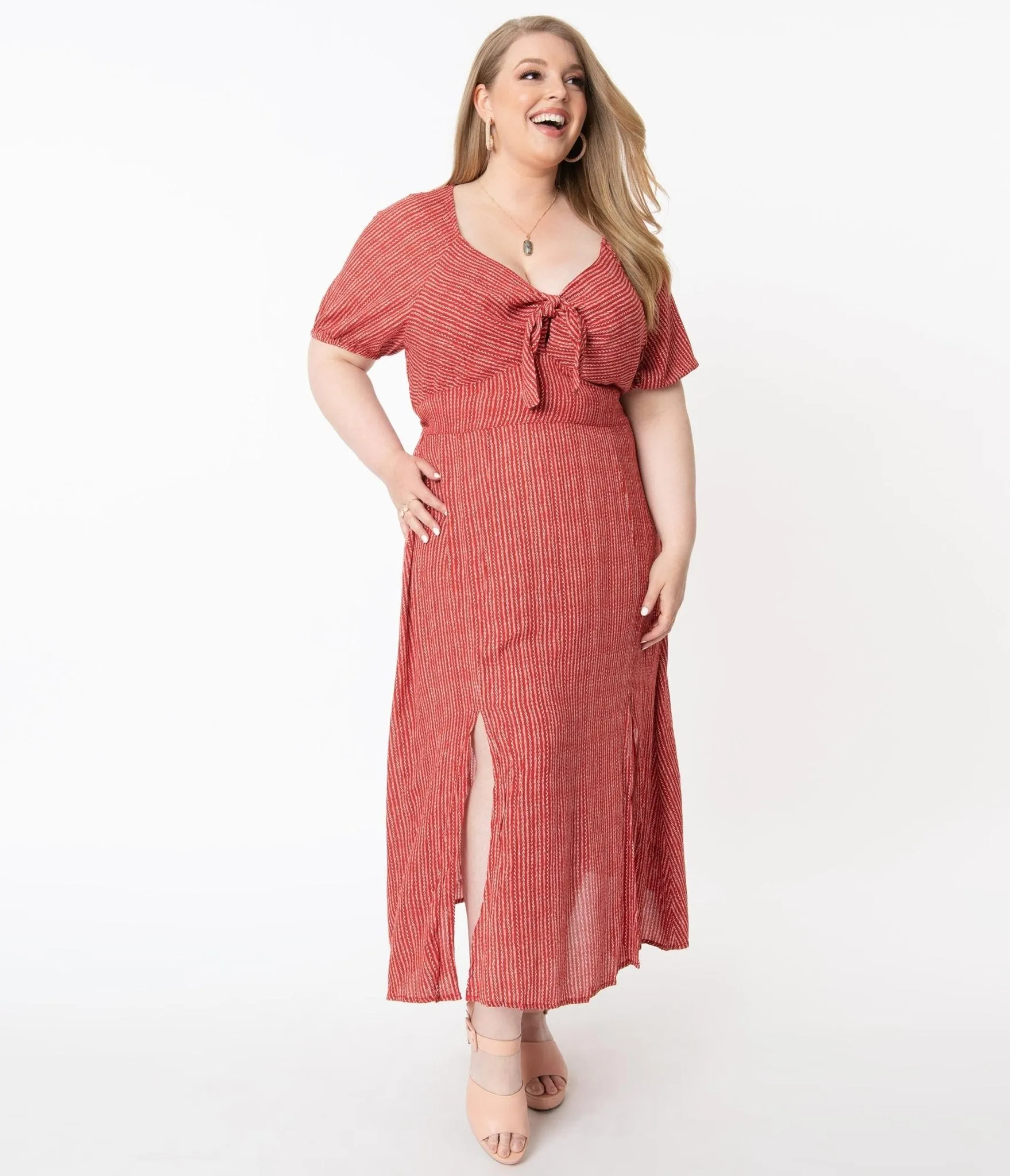 Plus Size 1970s Style Brick Red & Ivory Stripe Midi Dress sold by Unique Vintage product image thumbnail 4