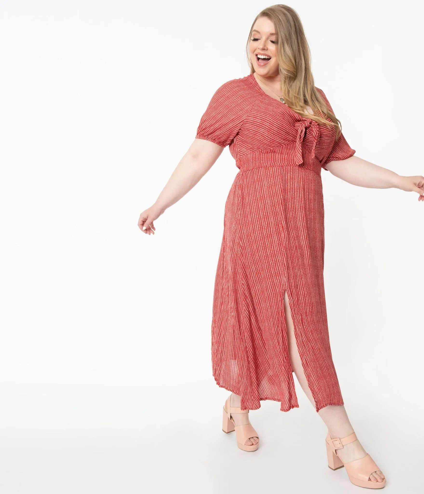 Plus Size 1970s Style Brick Red & Ivory Stripe Midi Dress sold by Unique Vintage