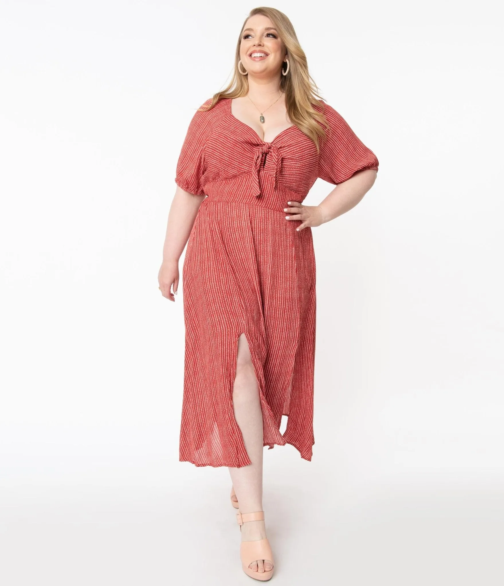 Plus Size 1970s Style Brick Red & Ivory Stripe Midi Dress sold by Unique Vintage product image thumbnail 3