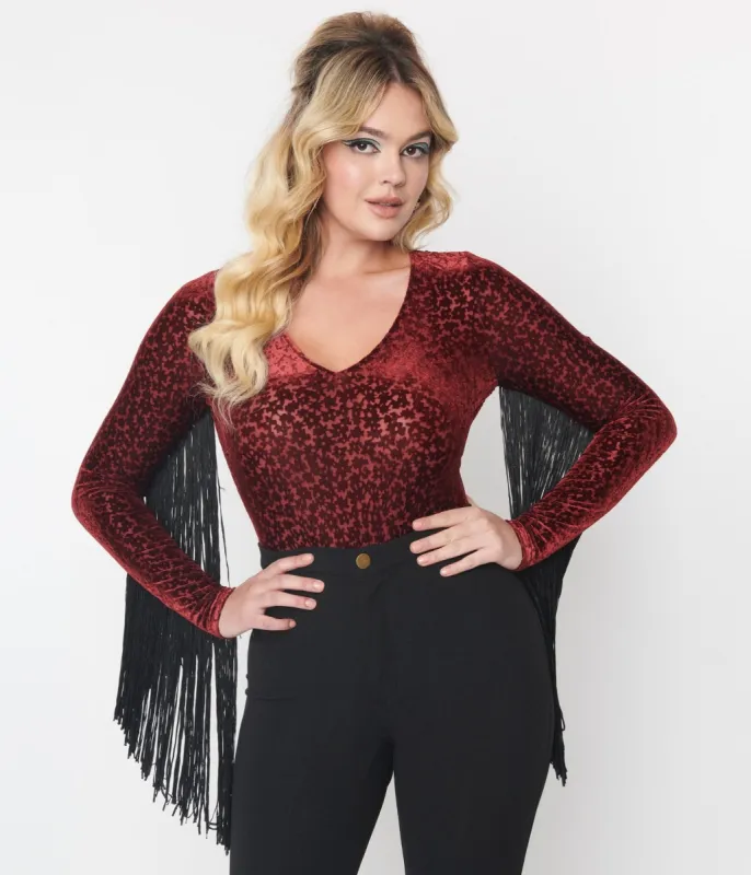 Smak Parlour 1970s Burgundy Floral Velvet Burnout Fringe Sleeved Bodysuit sold by Unique Vintage
