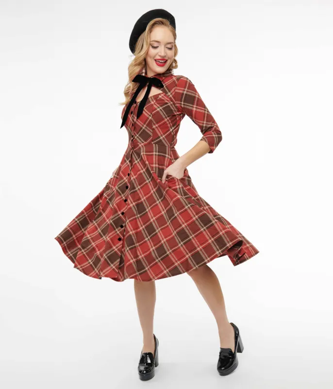 Unique Vintage 1950s Red & Brown Bias Plaid Swing Dress sold by Unique Vintage