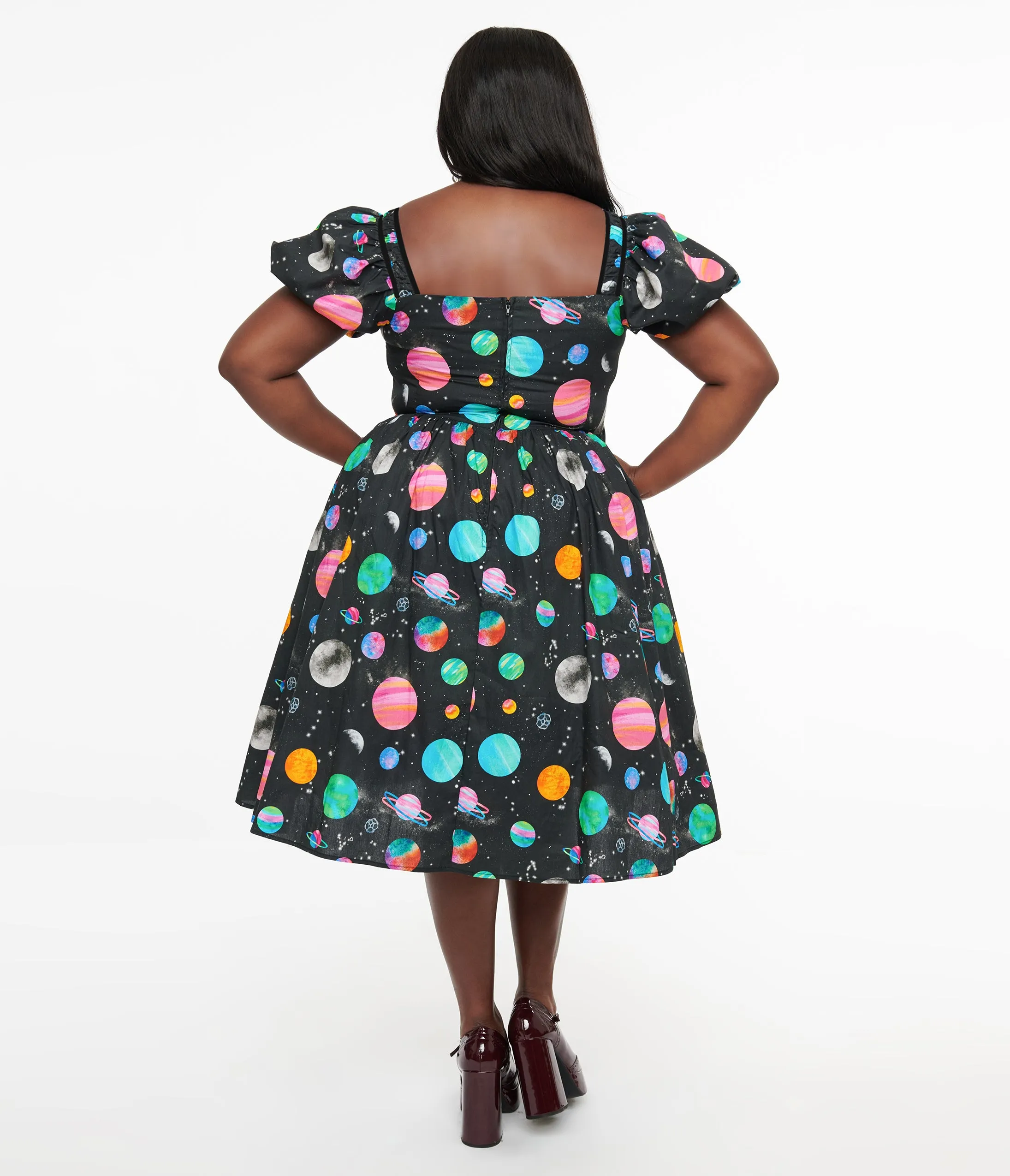 Unique Vintage Plus Size 1940s Black Planet Print Button Front Dress sold by Unique Vintage product image thumbnail 3