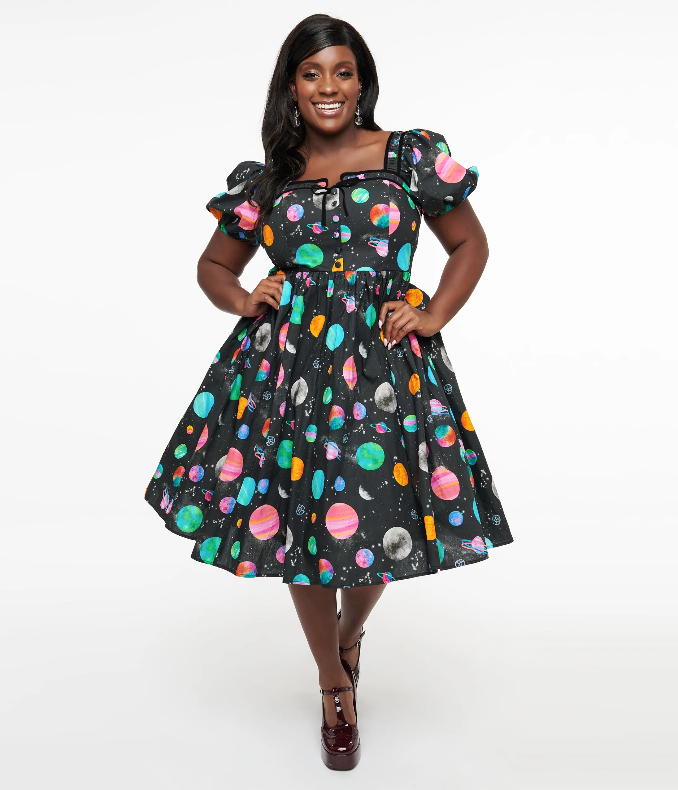 Unique Vintage Plus Size 1940s Black Planet Print Button Front Dress sold by Unique Vintage