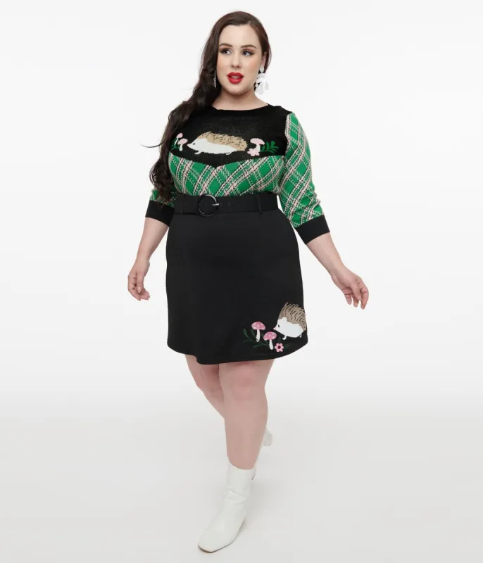 Smak Parlour Plus Size 1960s Black Hedgehog Embroidered Easy Does It Mini Skirt sold by Unique Vintage