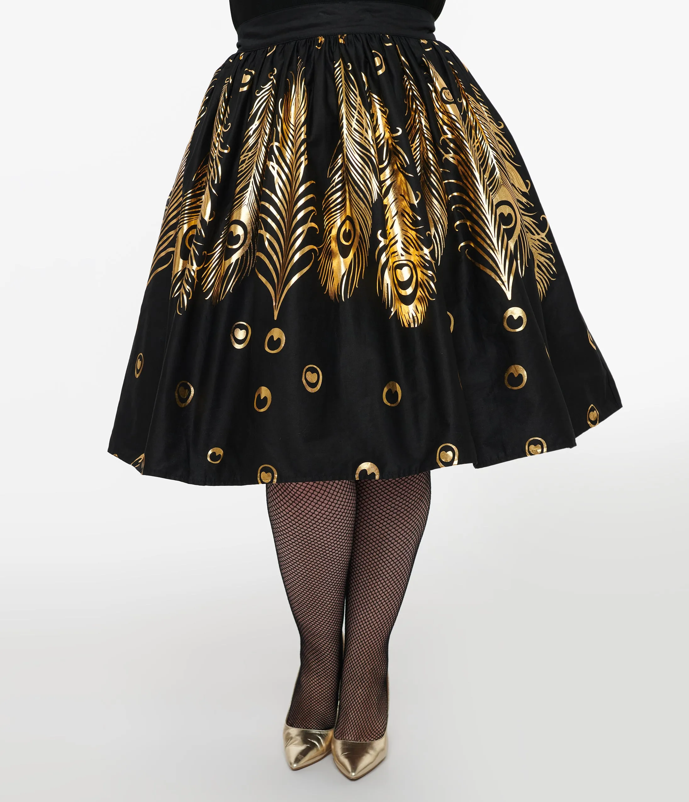 Unique Vintage Plus Size 1950s Black & Gold Foil Feather Gellar Swing Skirt sold by Unique Vintage product image thumbnail 2