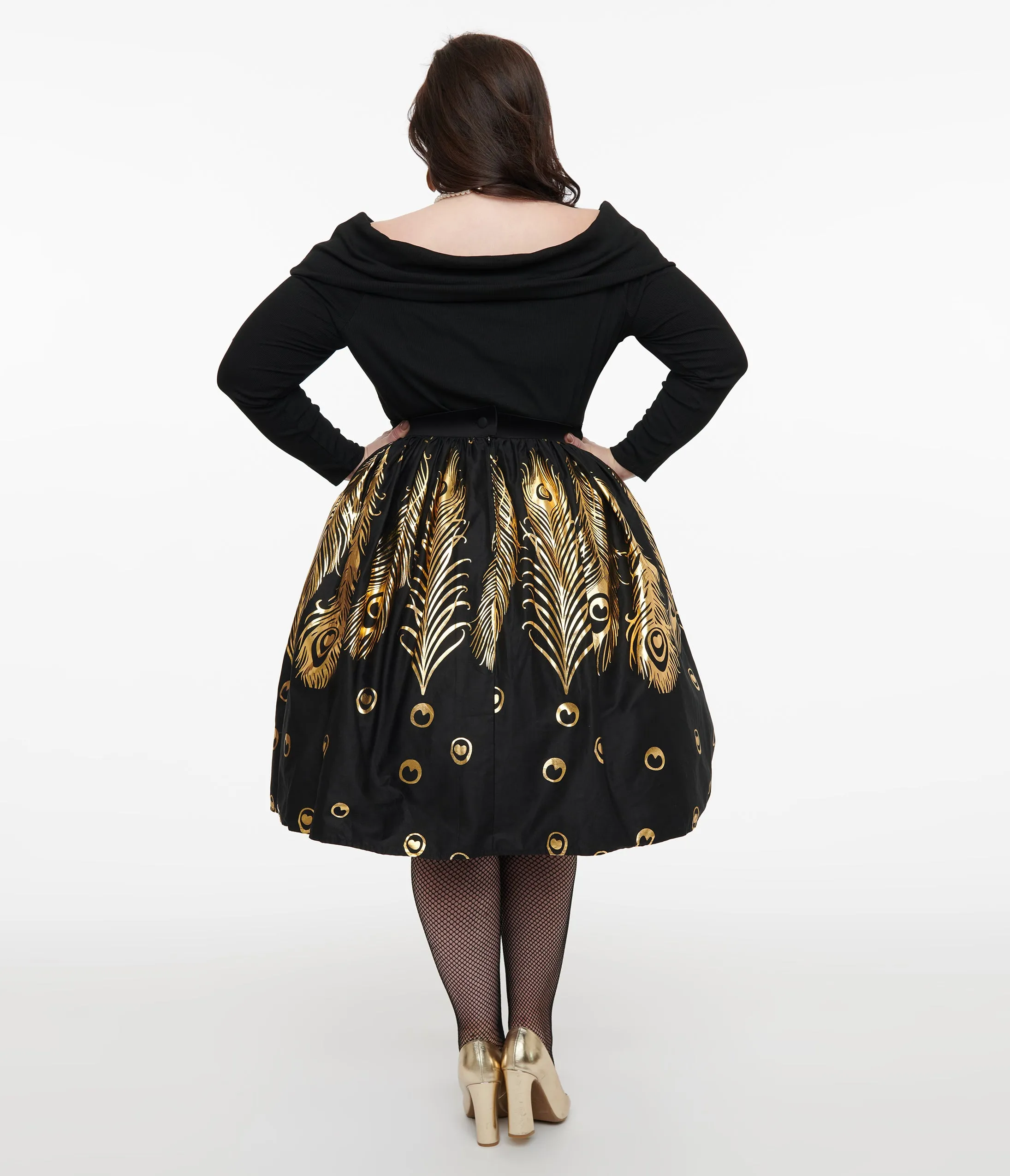 Unique Vintage Plus Size 1950s Black & Gold Foil Feather Gellar Swing Skirt sold by Unique Vintage product image thumbnail 3