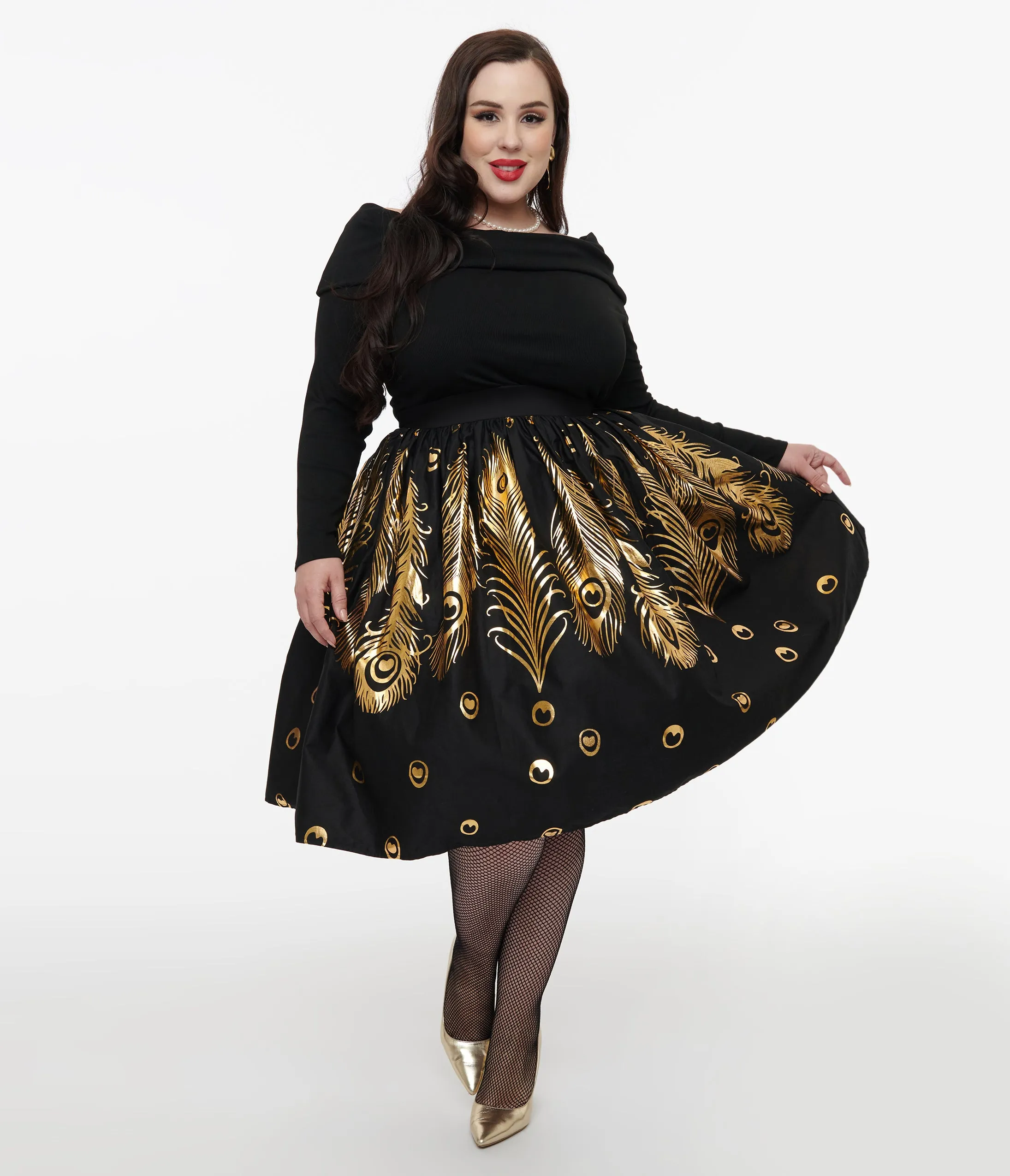 Unique Vintage Plus Size 1950s Black & Gold Foil Feather Gellar Swing Skirt sold by Unique Vintage