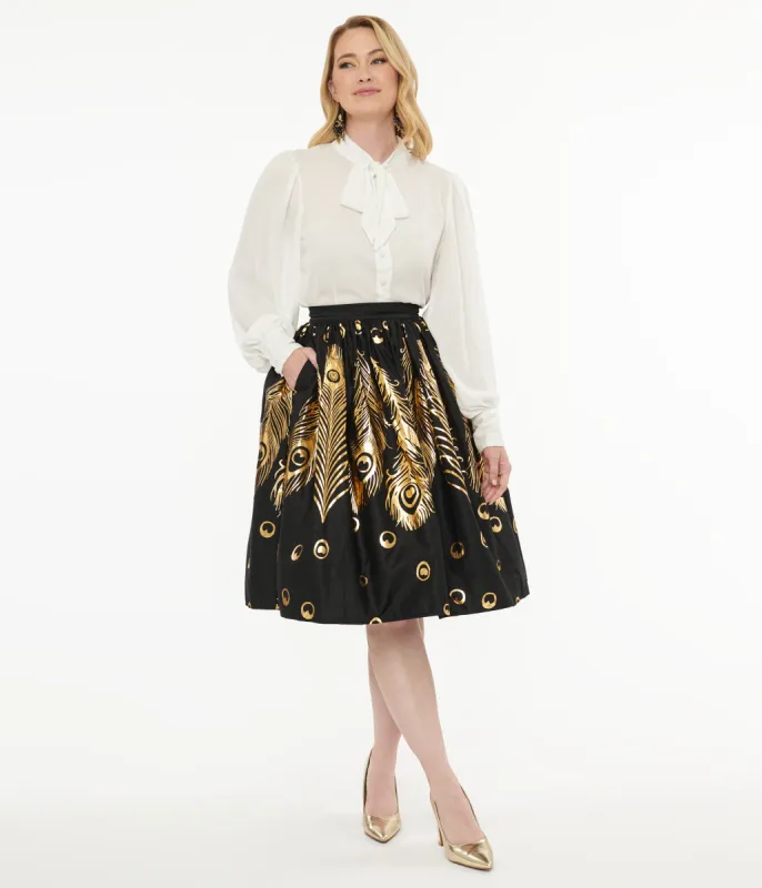 Unique Vintage 1950s Black & Gold Foil Feather Gellar Swing Skirt sold by Unique Vintage