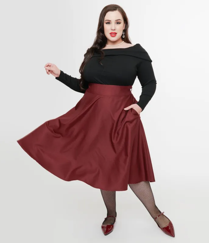 Unique Vintage Plus Size 1950s Burgundy High Waist Vivien Swing Skirt sold by Unique Vintage