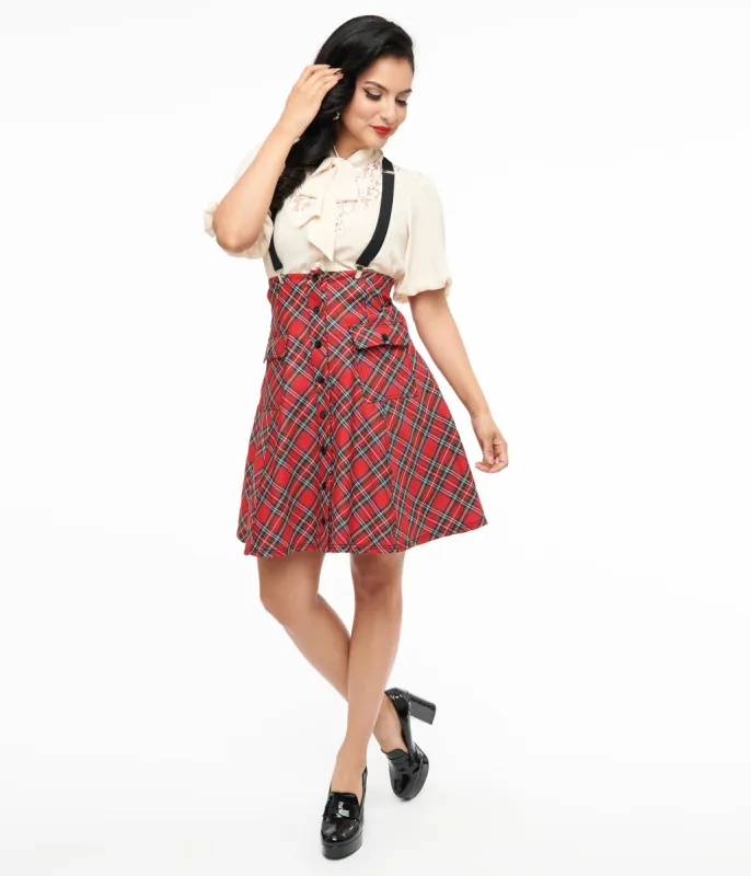 Unique Vintage 1950s Red Bias Plaid Suspender Flare Skirt sold by Unique Vintage
