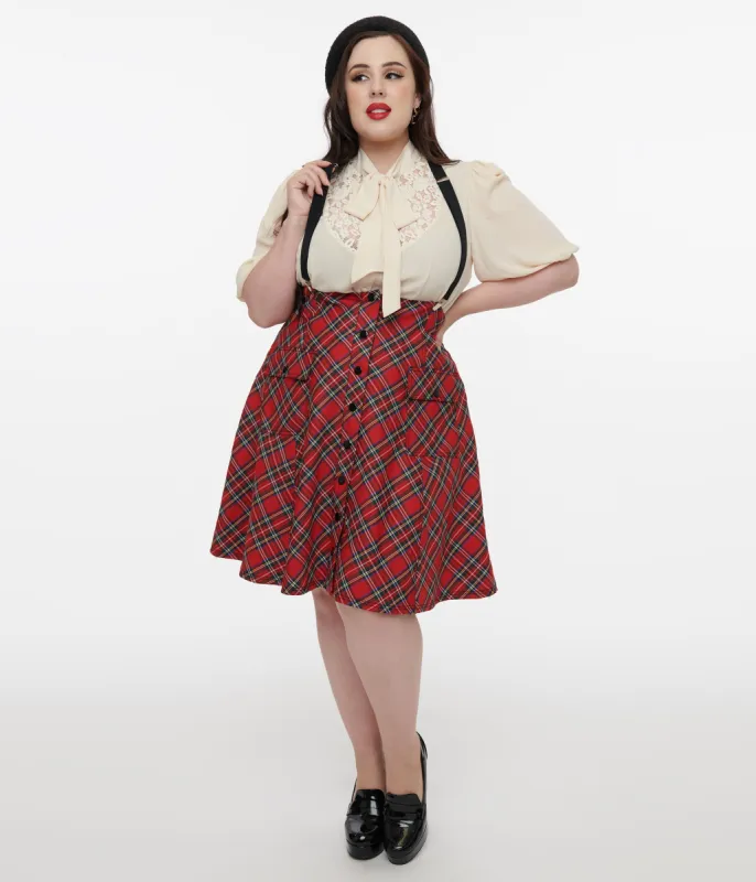 Unique Vintage Plus Size 1950s Red Bias Plaid Suspender Flare Skirt sold by Unique Vintage