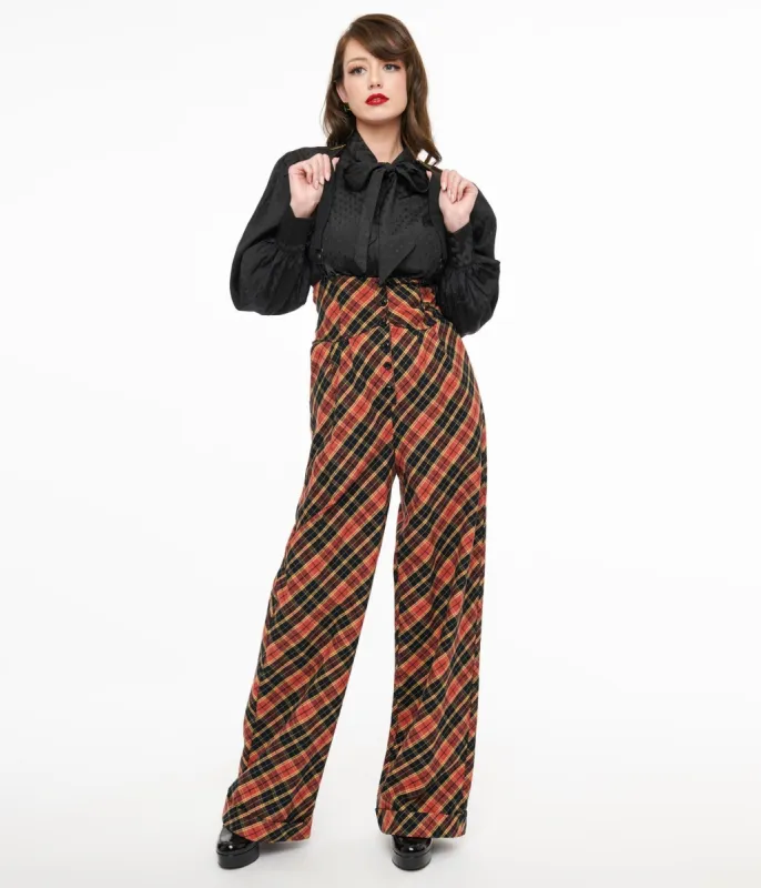 Unique Vintage 1930s Black & Rust Plaid Thelma Suspender Pants sold by Unique Vintage