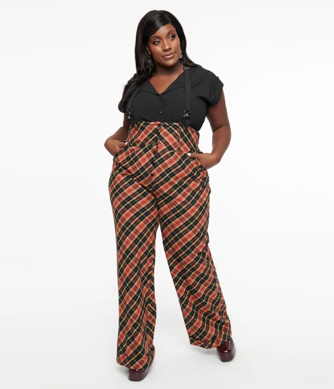 Unique Vintage Plus Size 1930s Black & Rust Plaid Thelma Suspender Pants sold by Unique Vintage