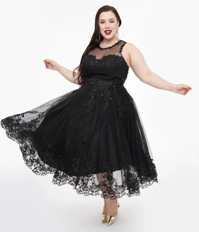 Unique Vintage Plus Size 1950s Black Lace & Tulle Riviera Dress sold by Unique Vintage