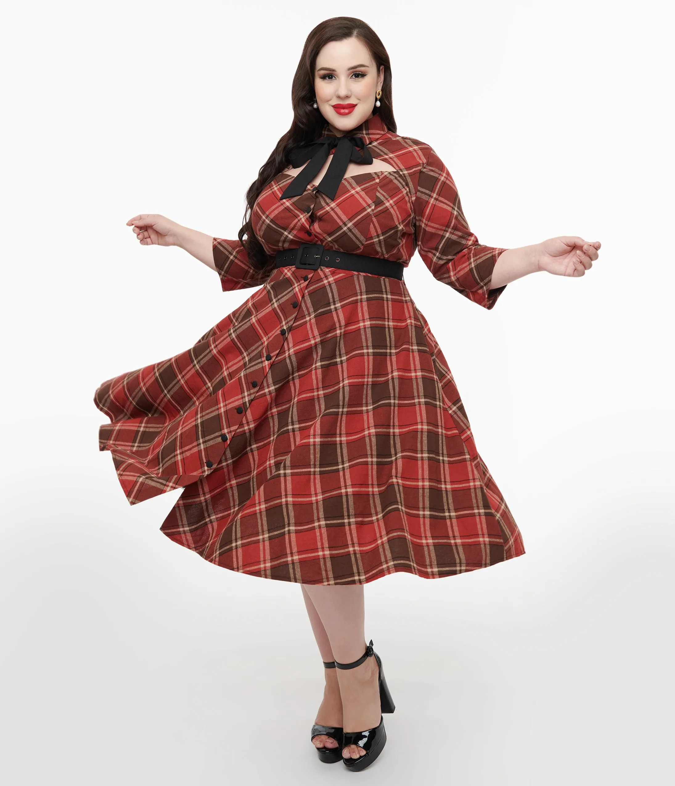 Unique Vintage Plus Size 1950s Red & Brown Bias Plaid Swing Dress sold by Unique Vintage