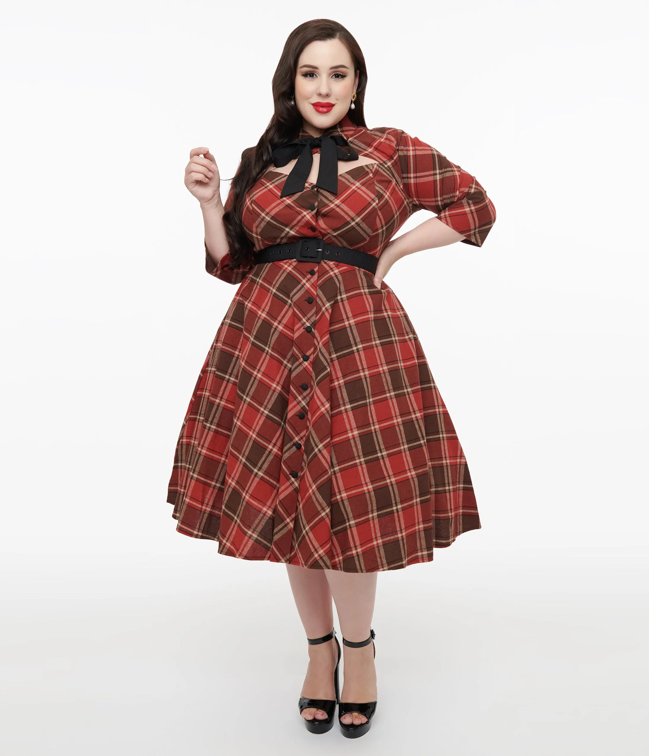 Unique Vintage Plus Size 1950s Red & Brown Bias Plaid Swing Dress sold by Unique Vintage product image thumbnail 3