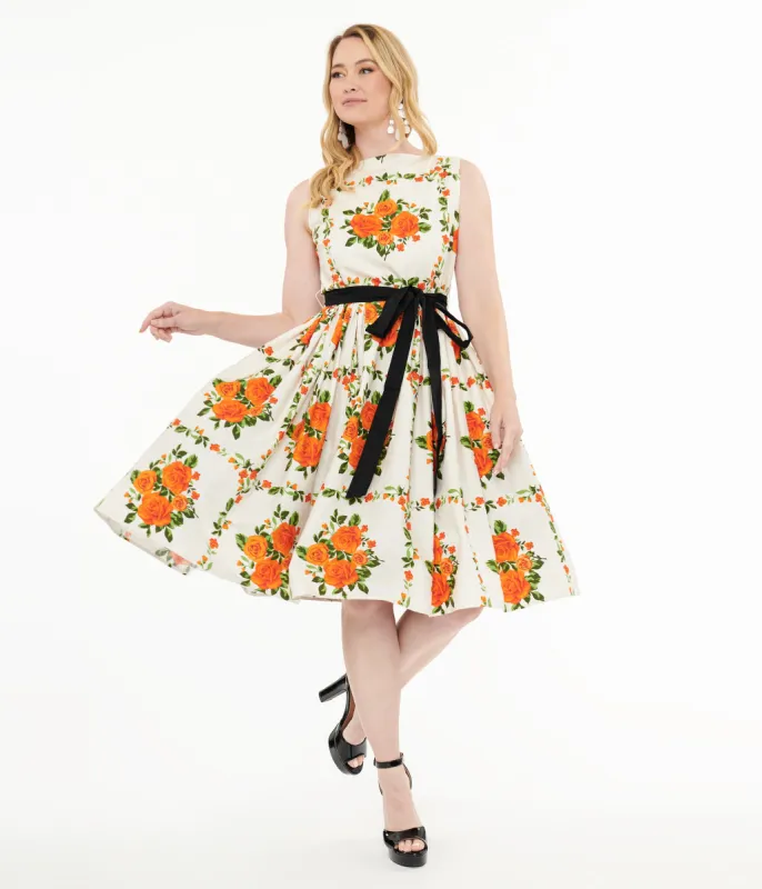 Unique Vintage 1950s Orange Fall Floral Sleeveless Swing Dress sold by Unique Vintage