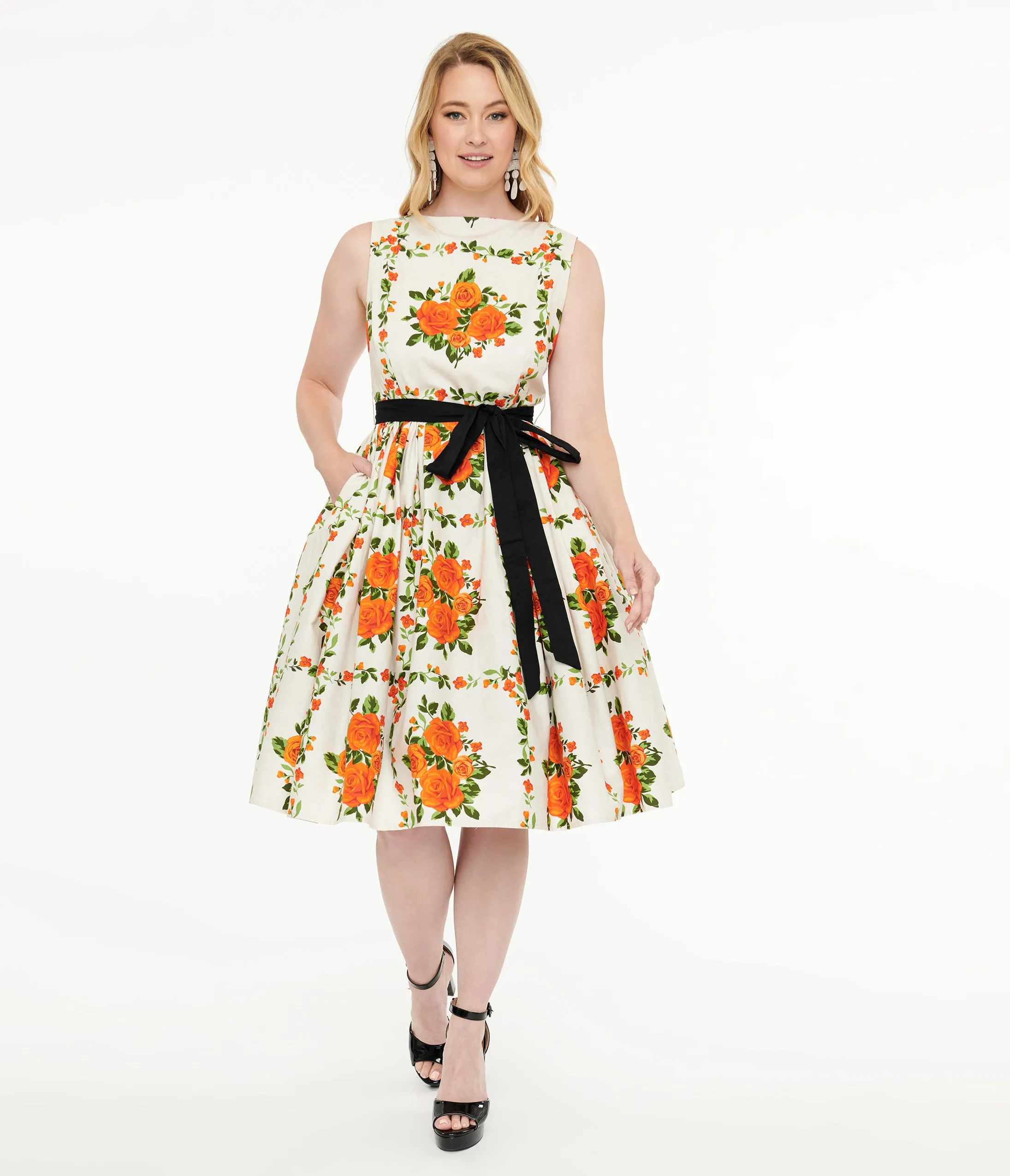 Unique Vintage 1950s Orange Fall Floral Sleeveless Swing Dress sold by Unique Vintage product image thumbnail 3