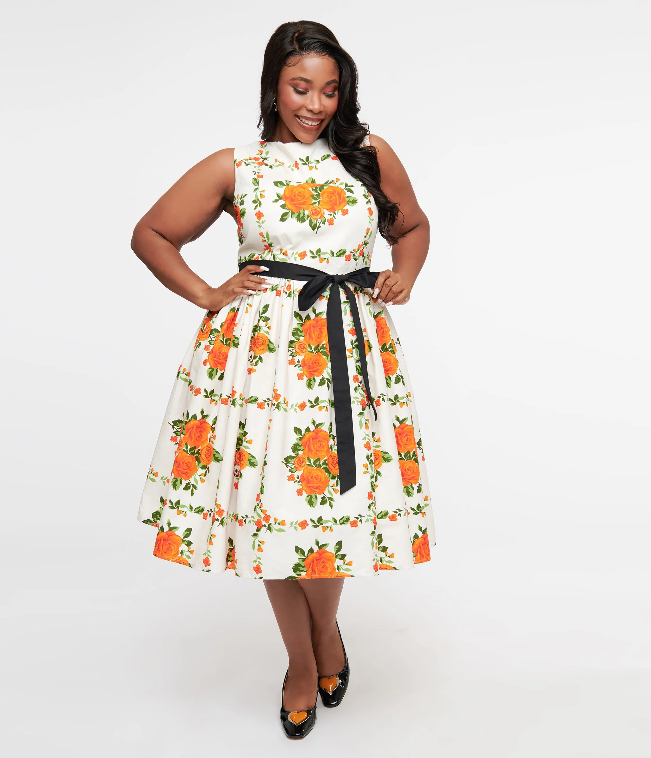 Unique Vintage Plus Size 1950s Orange Fall Floral Sleeveless Swing Dress sold by Unique Vintage product image thumbnail 3