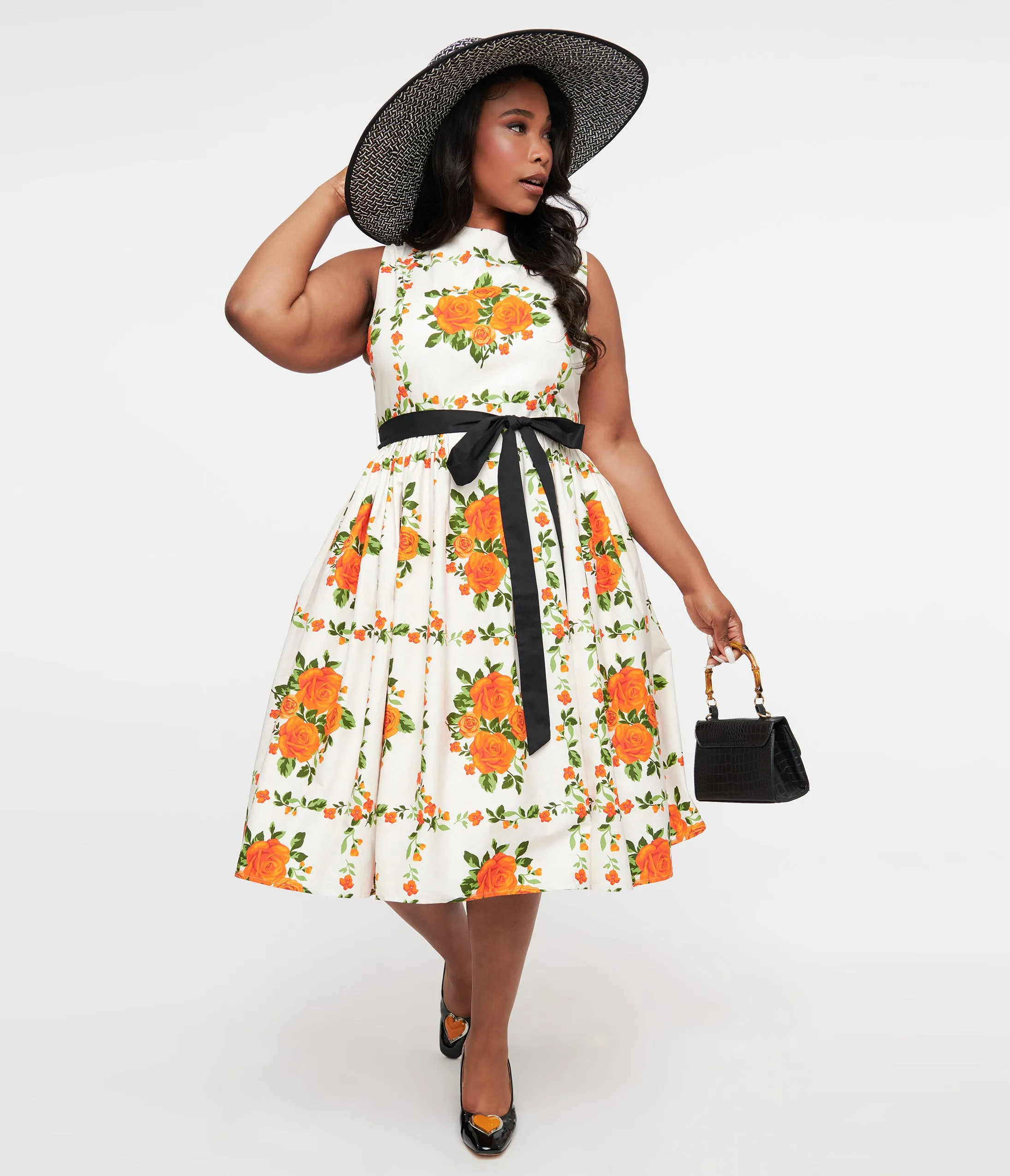 Unique Vintage Plus Size 1950s Orange Fall Floral Sleeveless Swing Dress sold by Unique Vintage