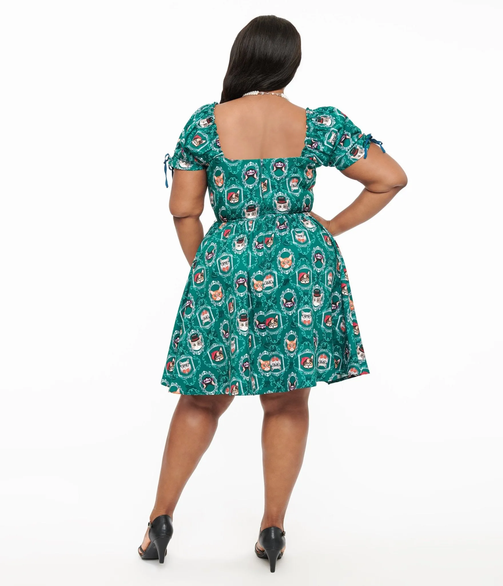 Unique Vintage Plus Size 1950s Teal Cat Print Swing Dress sold by Unique Vintage product image thumbnail 3