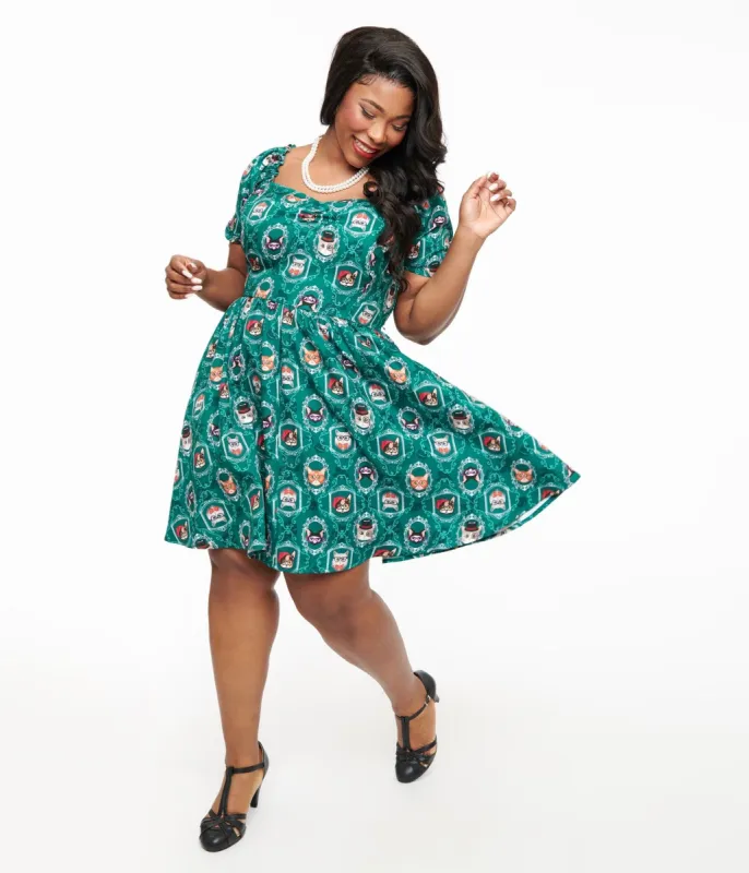Unique Vintage Plus Size 1950s Teal Cat Print Swing Dress sold by Unique Vintage