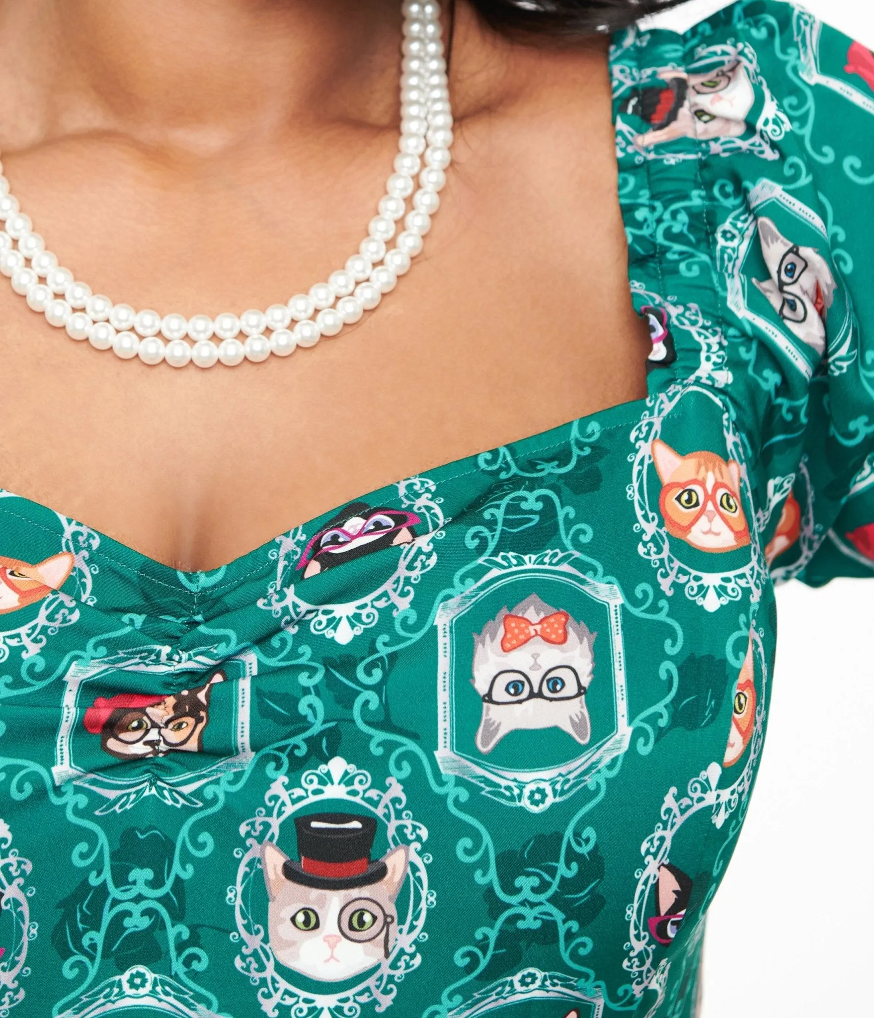 Unique Vintage Plus Size 1950s Teal Cat Print Swing Dress sold by Unique Vintage product image thumbnail 2