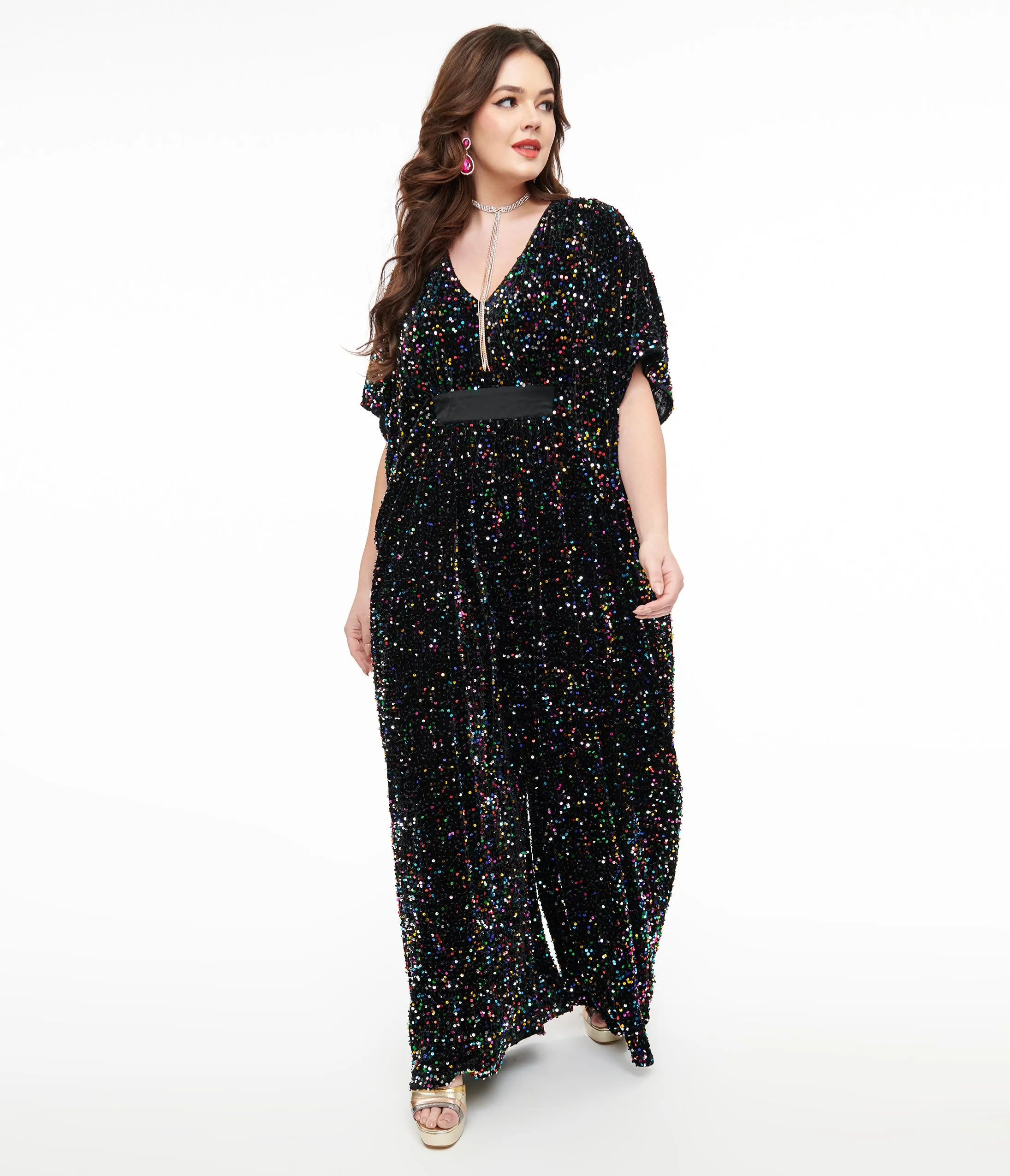 Unique Vintage 1970s Black Iridescent Sequin Caftan Jumpsuit sold by Unique Vintage product image thumbnail 3