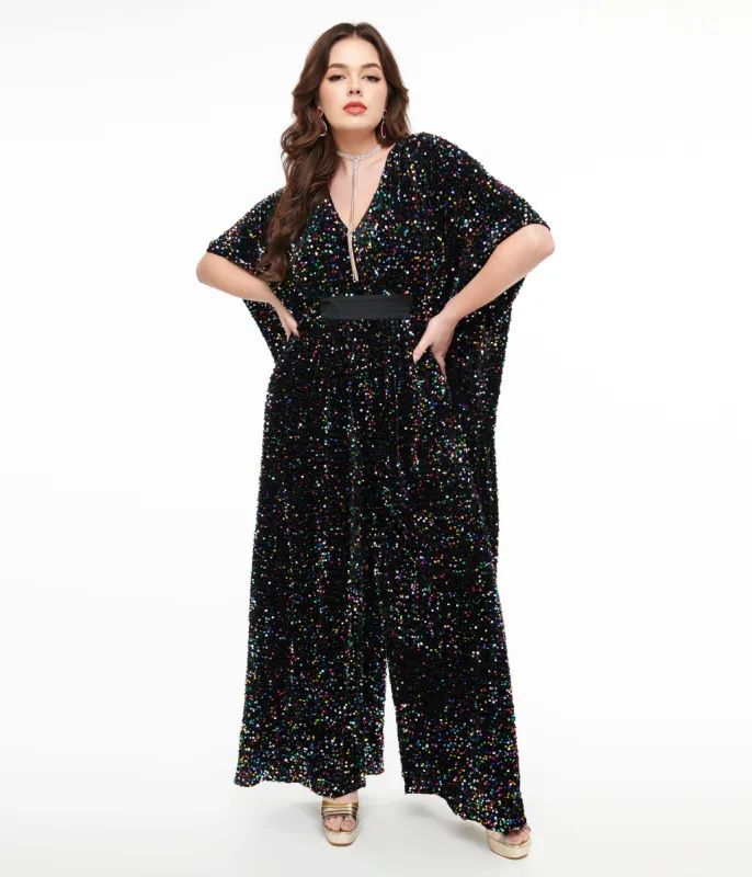 Unique Vintage 1970s Black Iridescent Sequin Caftan Jumpsuit sold by Unique Vintage