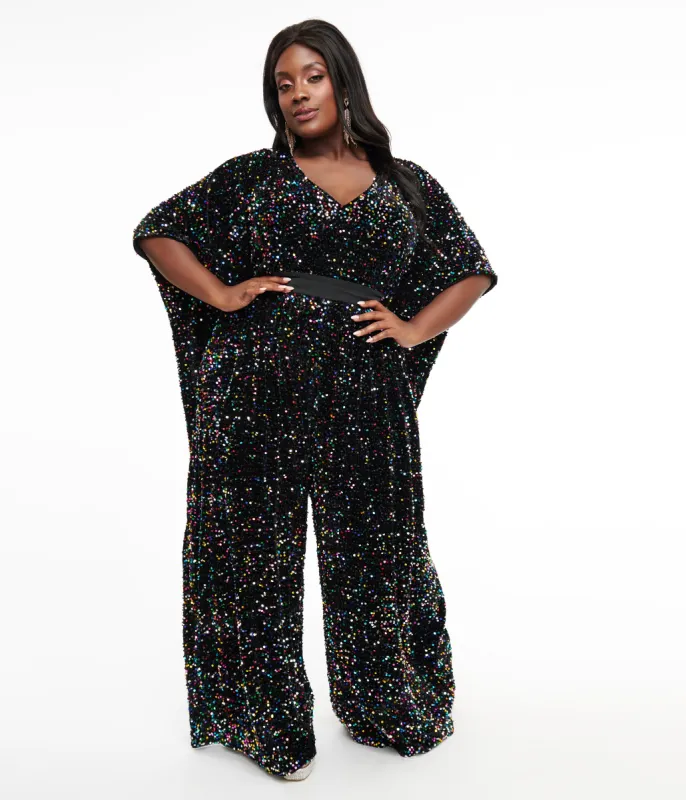 Unique Vintage Plus Size 1970s Black Iridescent Sequin Caftan Jumpsuit sold by Unique Vintage