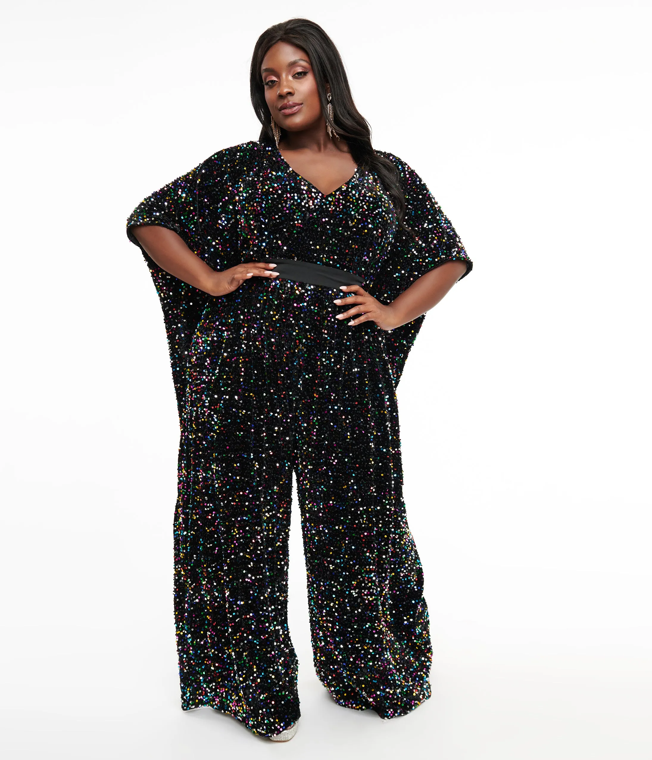 Unique Vintage Plus Size 1970s Black Iridescent Sequin Caftan Jumpsuit sold by Unique Vintage