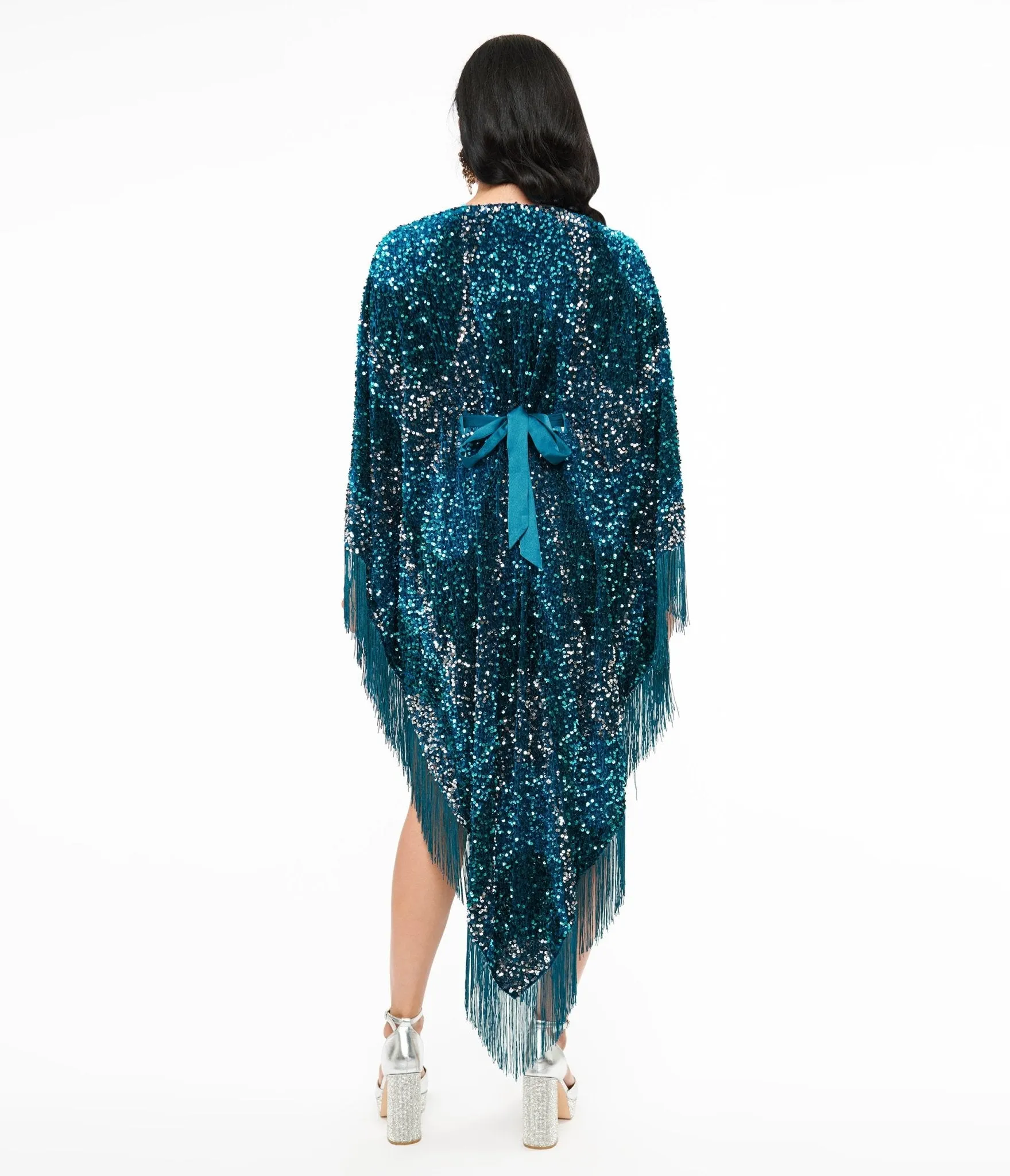 Smak Parlour 1970s Teal Sequin Fringe Caftan Dress sold by Unique Vintage product image thumbnail 2