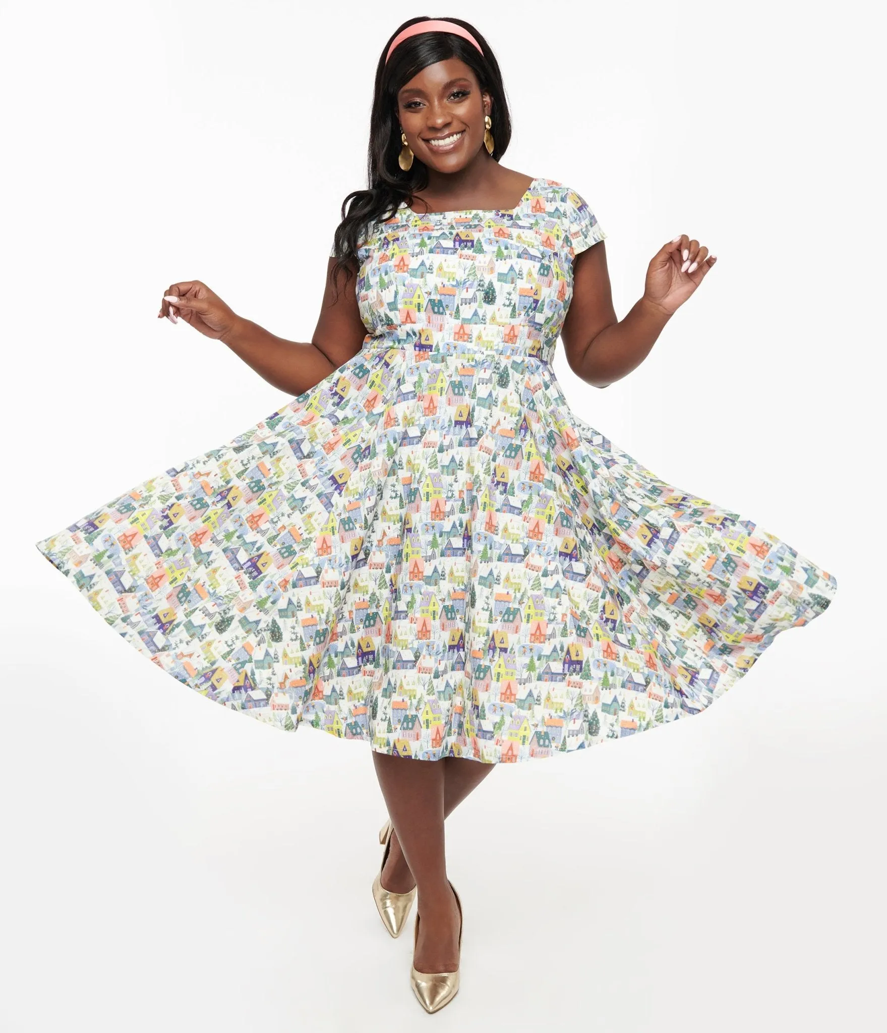 Magnolia Place Plus Size Multicolor House Print Anna Swing Dress sold by Unique Vintage
