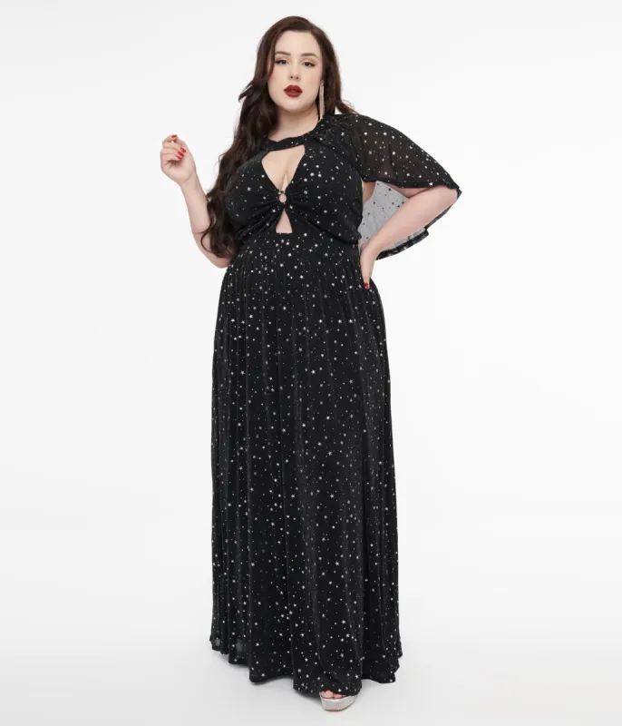 Smak Parlour Plus Size 1970s Black & Silver Star Cape Maxi Dress sold by Unique Vintage