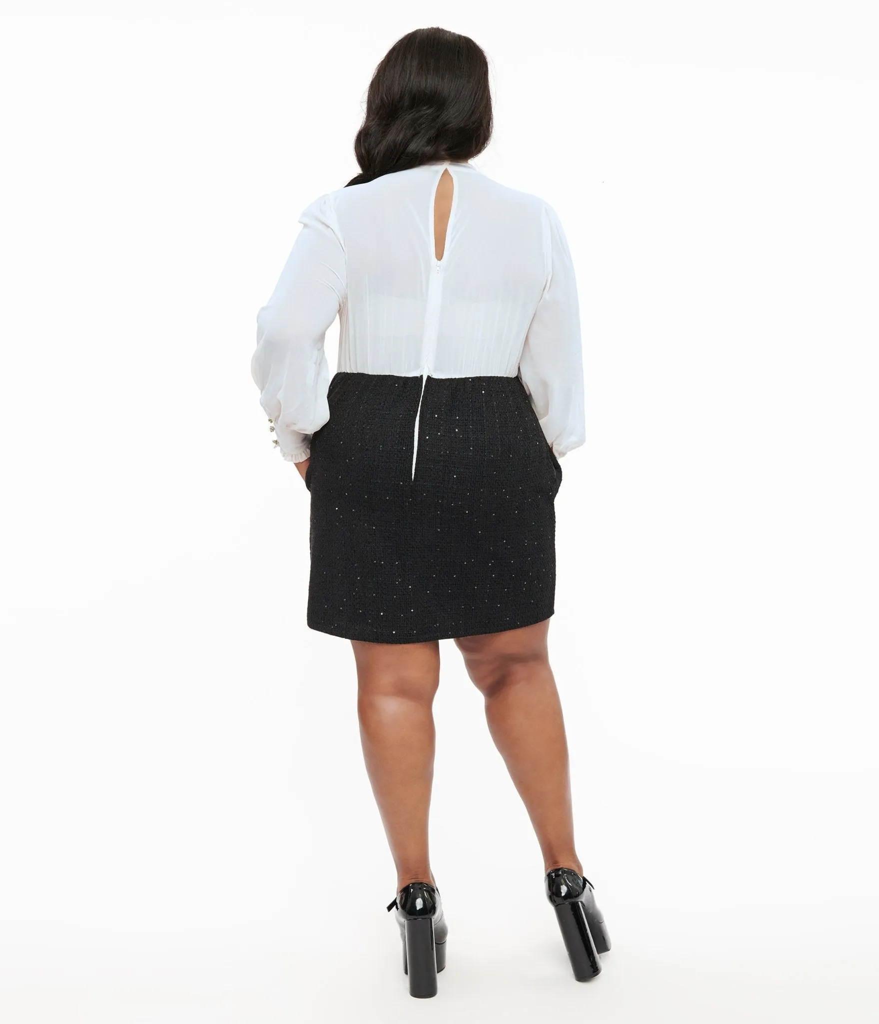 Smak Parlour Plus Size 1960s Black & White Ruffle Neck A-Line Dress sold by Unique Vintage product image thumbnail 2