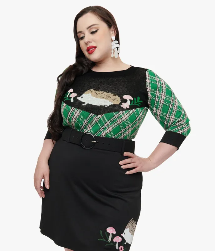 Smak Parlour Plus Size 1960s Green Plaid & Hedgehog Sweater made by Unique Vintage