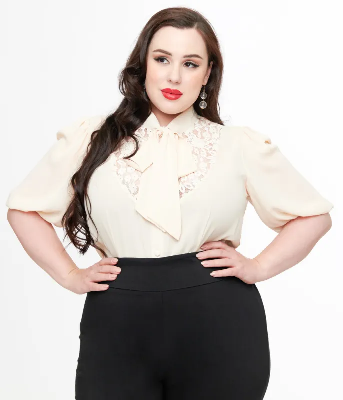Unique Vintage Plus Size Cream Short Sleeve Neck Tie Gwen Blouse sold by Unique Vintage