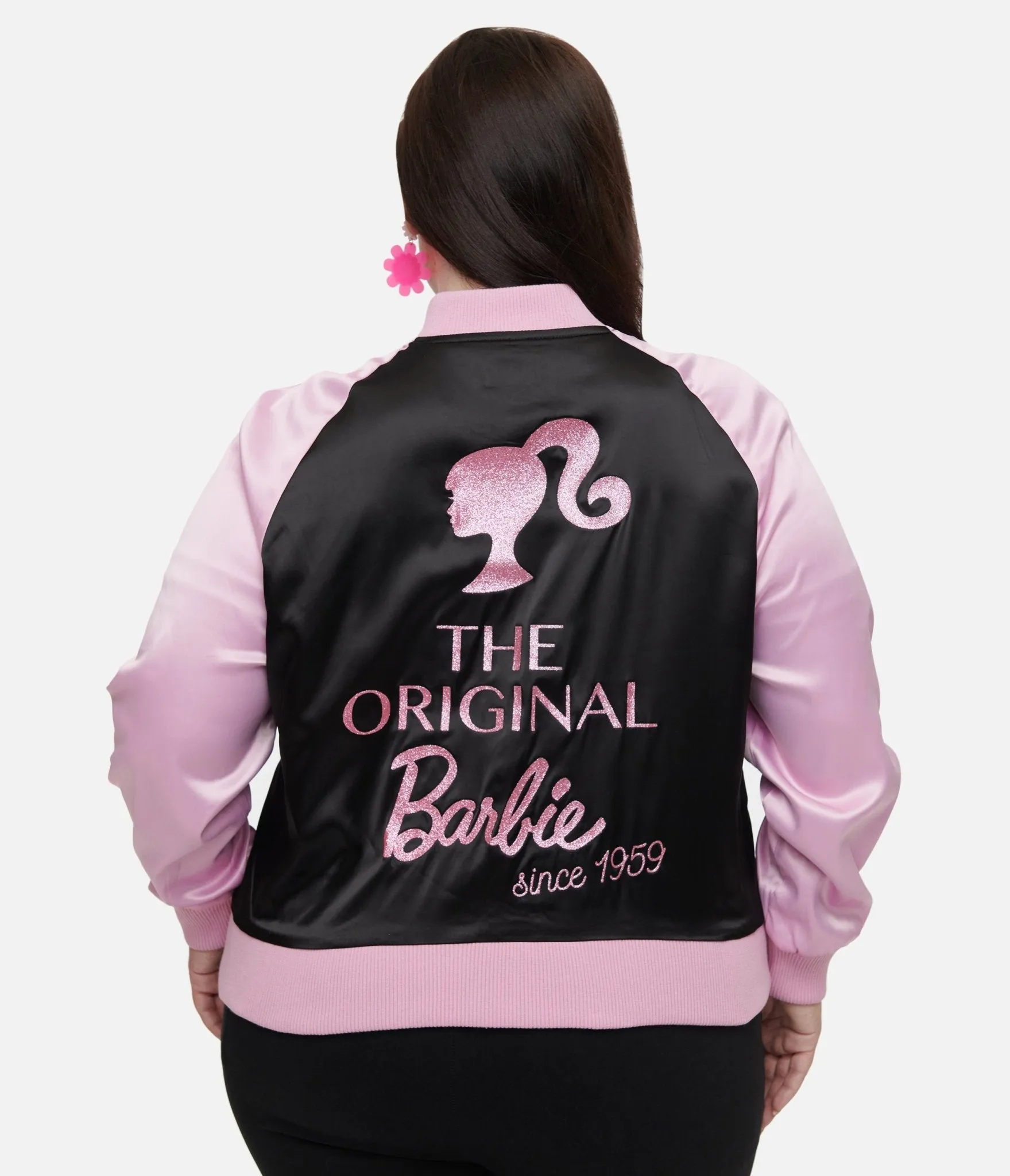 Barbie x Unique Vintage Plus Size Pink & Black OG Barbie Long Sleeve Bomber Jacket sold by Unique Vintage product image thumbnail 2
