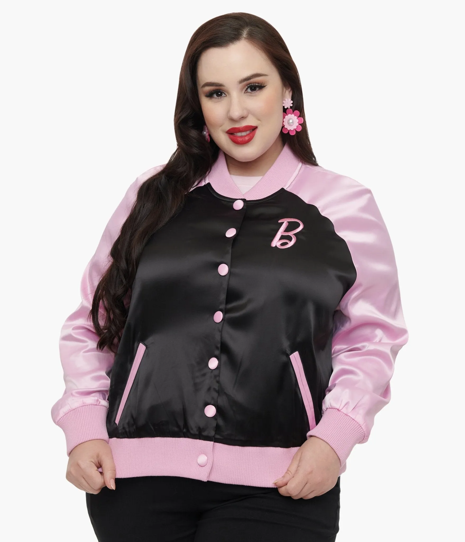 Barbie x Unique Vintage Plus Size Pink & Black OG Barbie Long Sleeve Bomber Jacket sold by Unique Vintage product image thumbnail 3