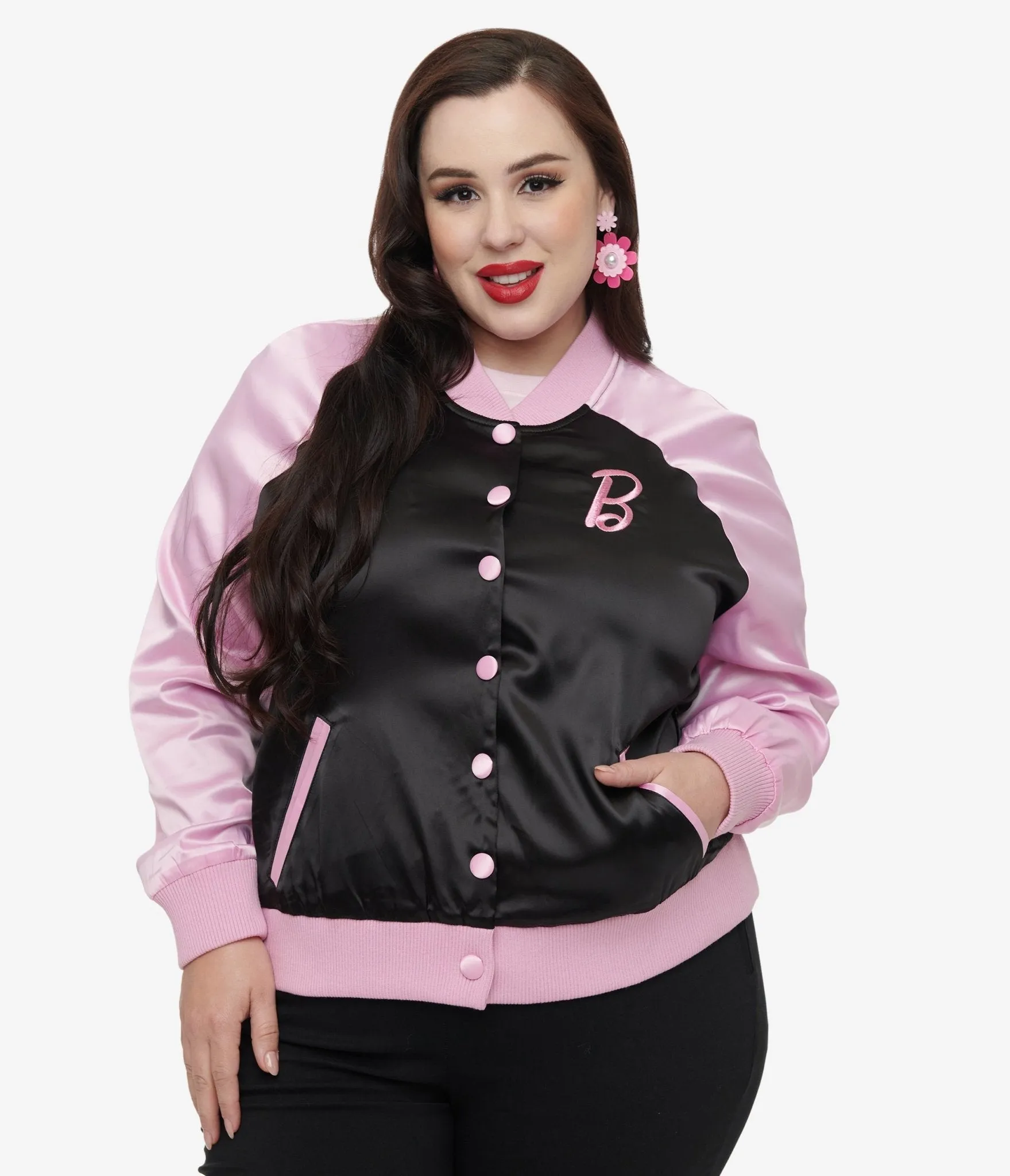 Barbie x Unique Vintage Plus Size Pink & Black OG Barbie Long Sleeve Bomber Jacket sold by Unique Vintage