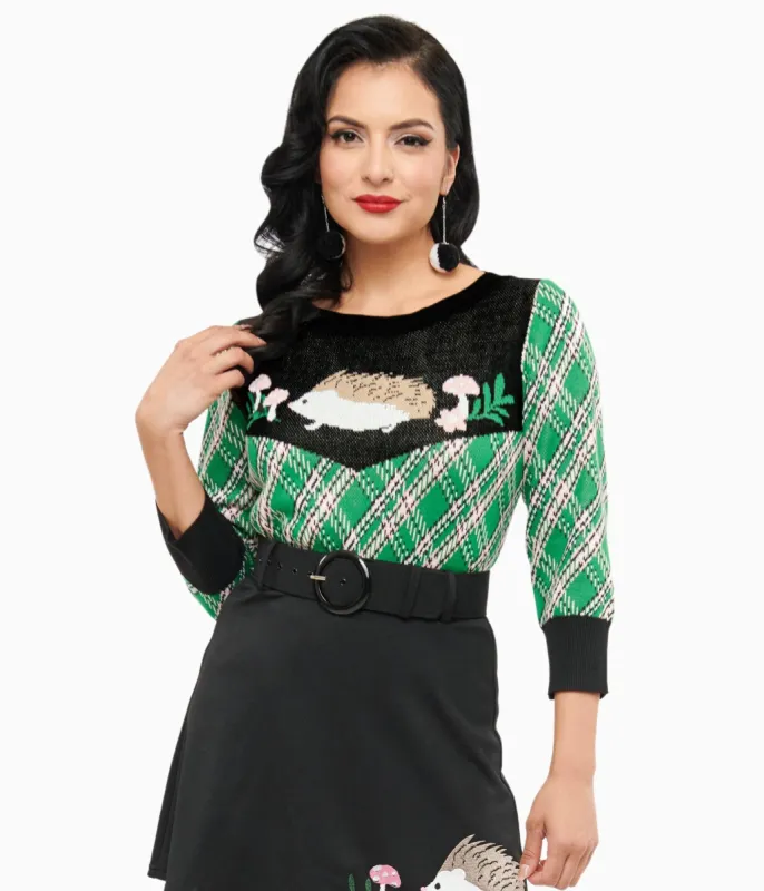 Smak Parlour 1960s Green Plaid & Hedgehog Sweater sold by Unique Vintage