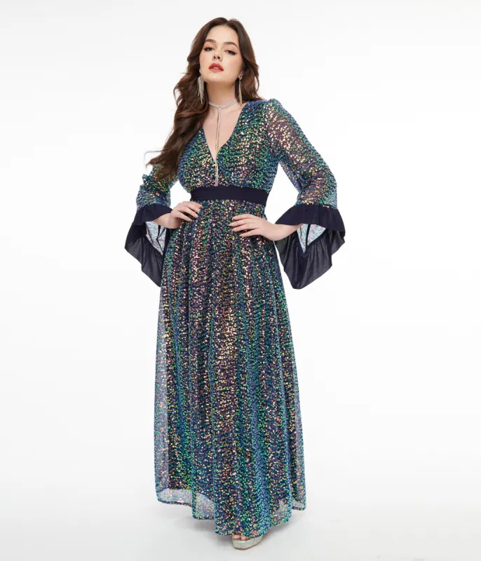 Unique Vintage 1970s Navy Glitter Sequin Maxi Dress sold by Unique Vintage