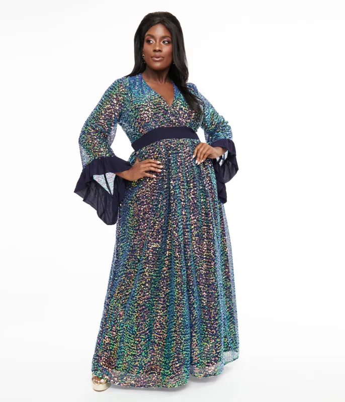Unique Vintage Plus Size 1970s Navy Glitter Sequin Maxi Dress sold by Unique Vintage