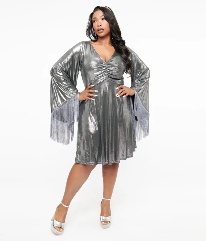 Smak Parlour Plus Size 1970s Silver Metallic Fringe Fit & Flare Dress sold by Unique Vintage