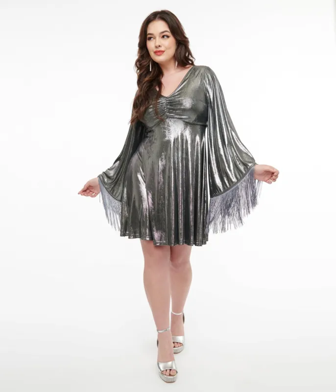 Smak Parlour 1970s Silver Metallic Fringe Fit & Flare Dress sold by Unique Vintage