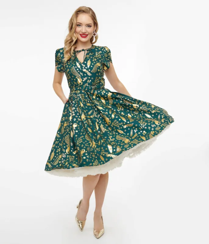 Unique Vintage 1940s Green & Gold Peacock Print Dahlia Swing Dress sold by Unique Vintage