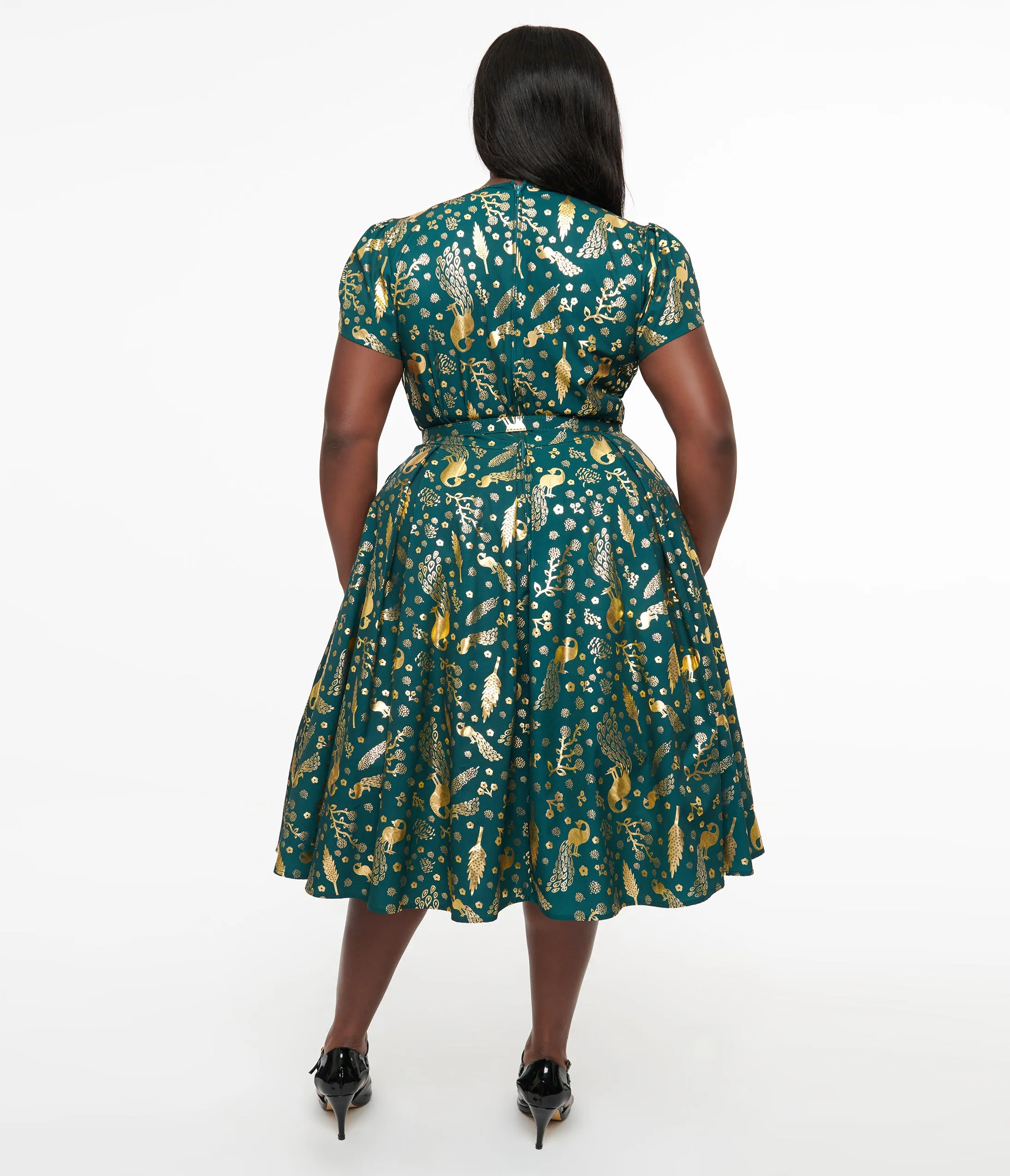 Unique Vintage Plus Size 1940s Green & Gold Peacock Print Dahlia Swing Dress sold by Unique Vintage product image thumbnail 2