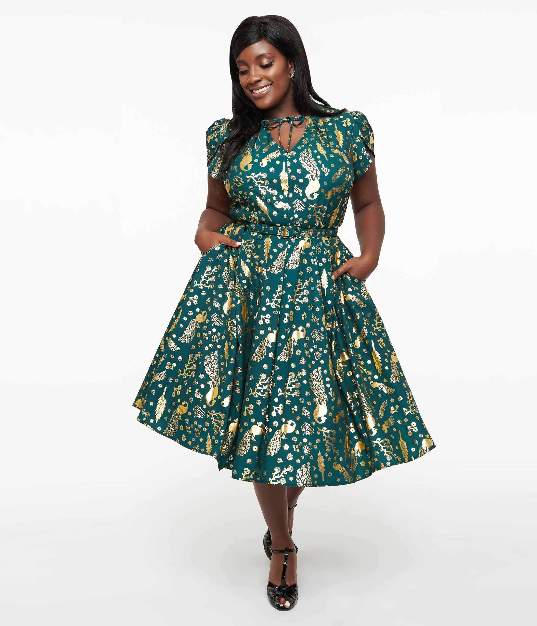 Unique Vintage Plus Size 1940s Green & Gold Peacock Print Dahlia Swing Dress sold by Unique Vintage product image thumbnail 3