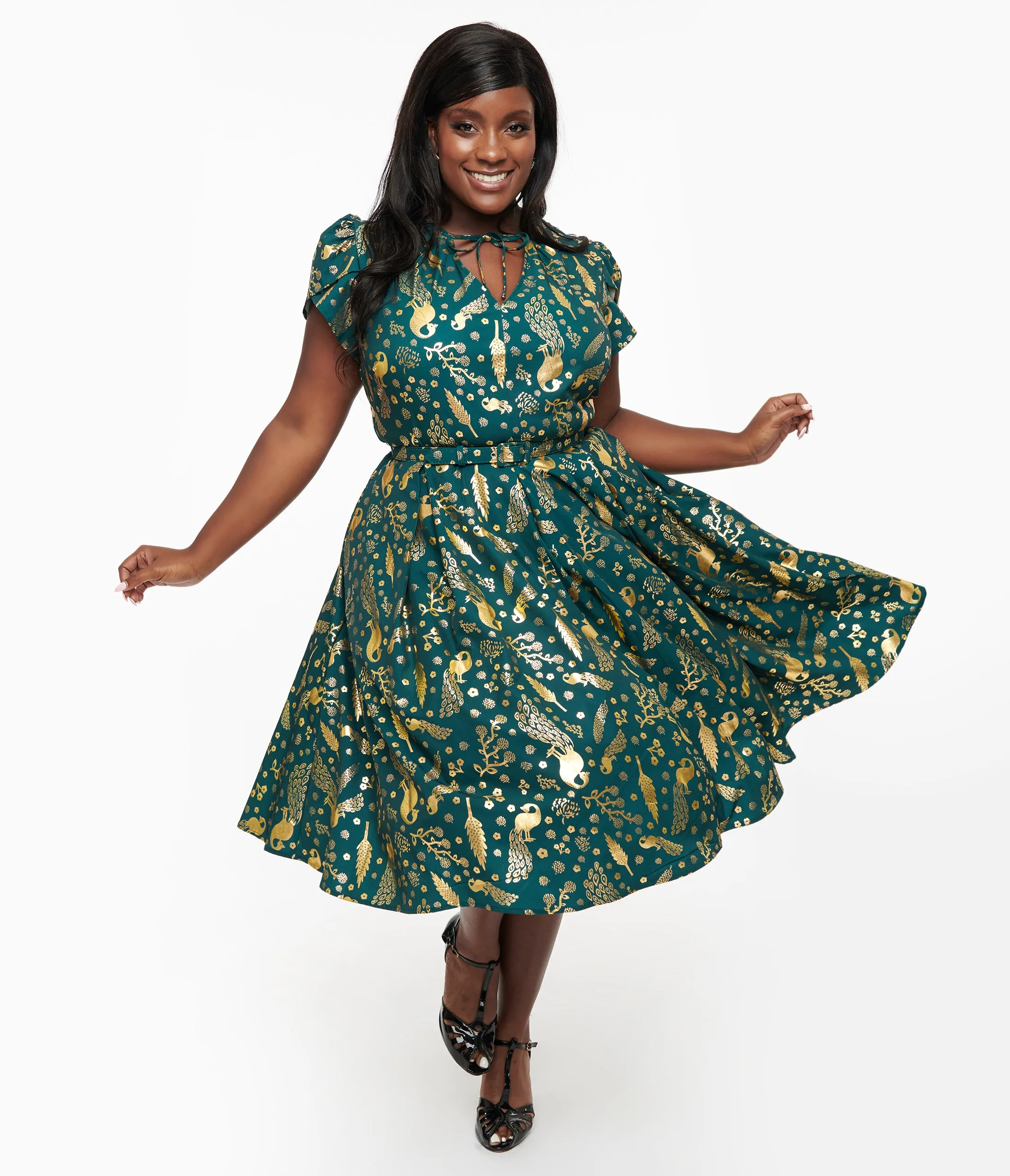 Unique Vintage Plus Size 1940s Green & Gold Peacock Print Dahlia Swing Dress sold by Unique Vintage